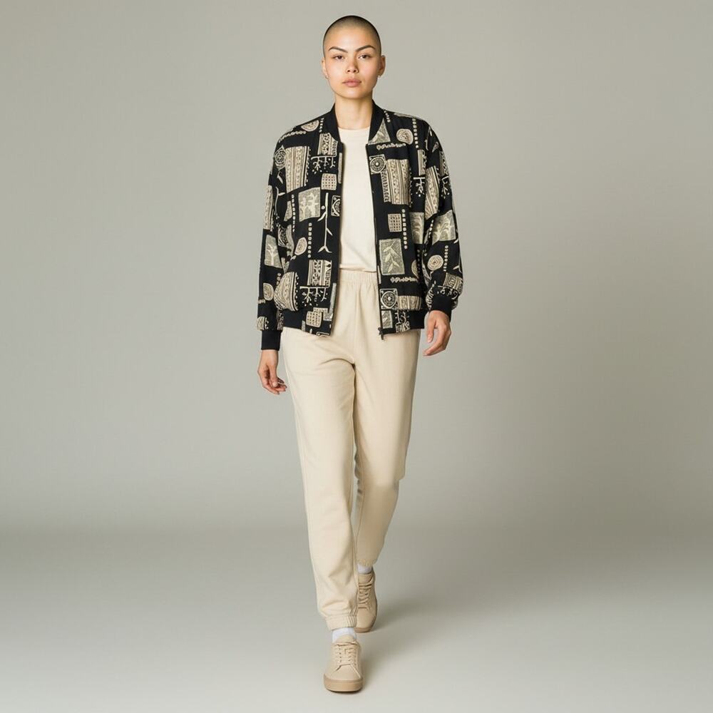 Vintage Cascais Black Cream Pattern Zip Up Jacket Womens Size Medium Mexico Poly